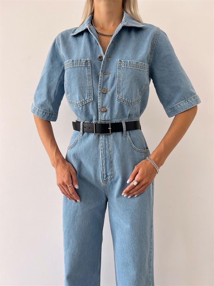 Gömlek Yaka Önü Düğmeli Amaris Kadın Mavi Kot Tulum 23Y000559