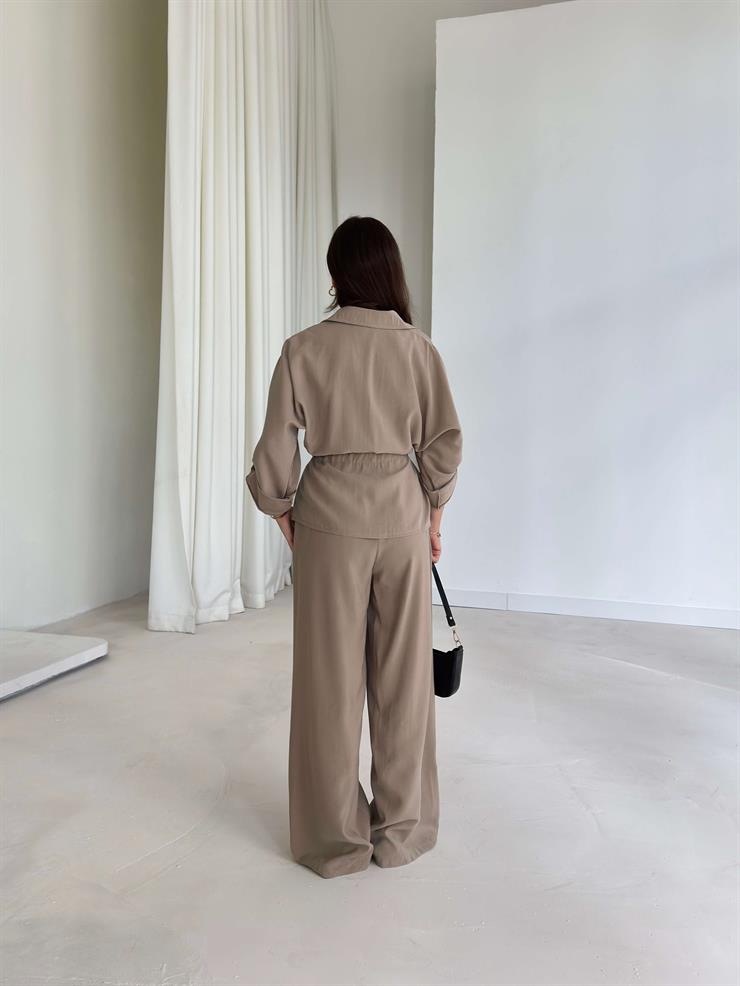 Belden Bağlamalı Cep Detaylı Amber Bej Kadın Takım 26K004