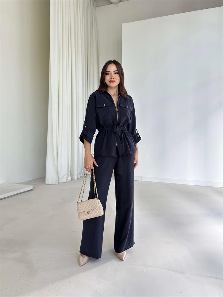 Belden Bağlamalı Cep Detaylı Amber Lacivert Kadın Takım 26K004