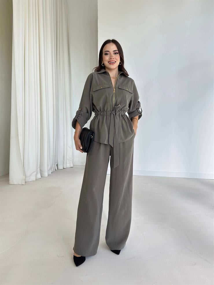 Belden Bağlamalı Cep Detaylı Amber Haki Kadın Takım 26K004