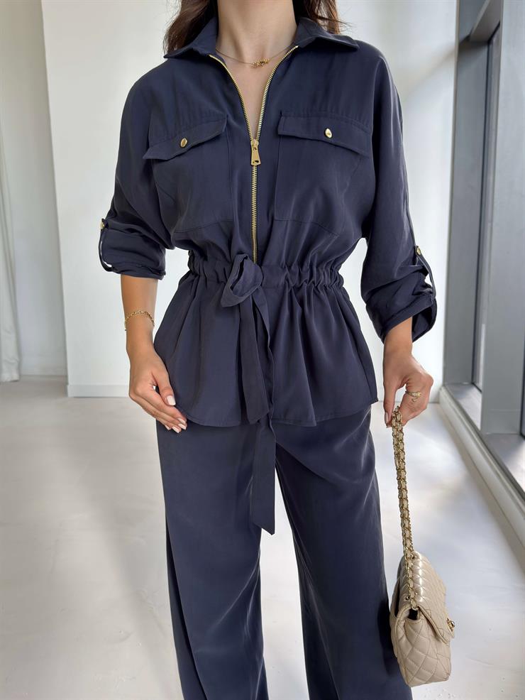 Belden Bağlamalı Cep Detaylı Amber Lacivert Kadın Takım 26K004