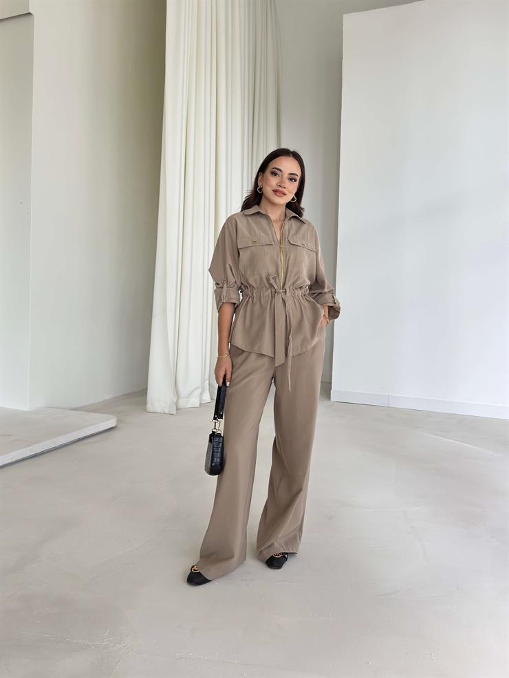 Belden Bağlamalı Cep Detaylı Amber Bej Kadın Takım 26K004