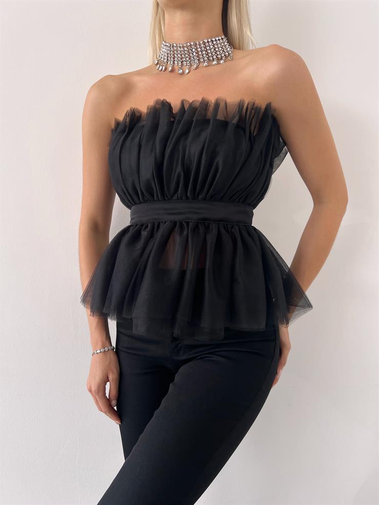 Straplez Belden Oturtmalı Ameba Kadın Siyah Tül Detaylı Bluz 23Y000401