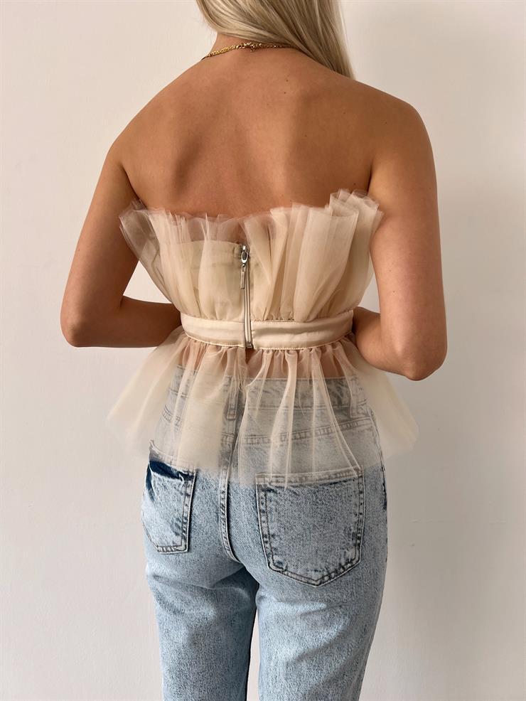 Straplez Belden Oturtmalı Ameba Kadın Nude Tül Detaylı Bluz 23Y000401