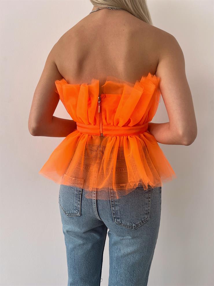 Straplez Belden Oturtmalı Ameba Kadın Oranj Tül Detaylı Bluz 23Y000401