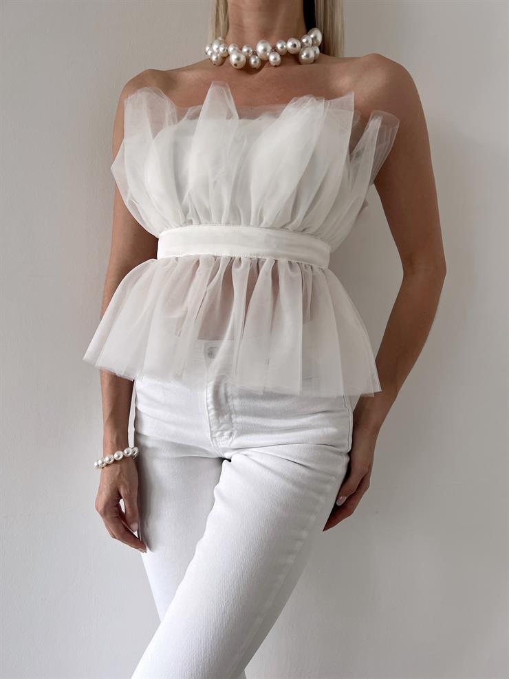 Straplez Belden Oturtmalı Ameba Kadın Beyaz Tül Detaylı Bluz 23Y000401