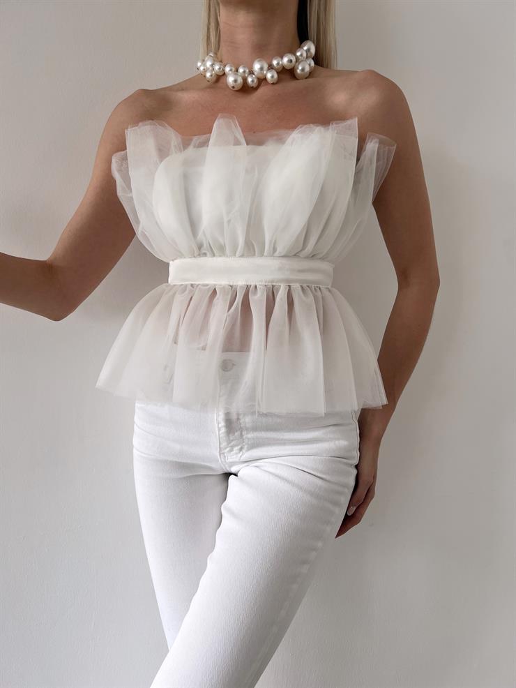 Straplez Belden Oturtmalı Ameba Kadın Beyaz Tül Detaylı Bluz 23Y000401