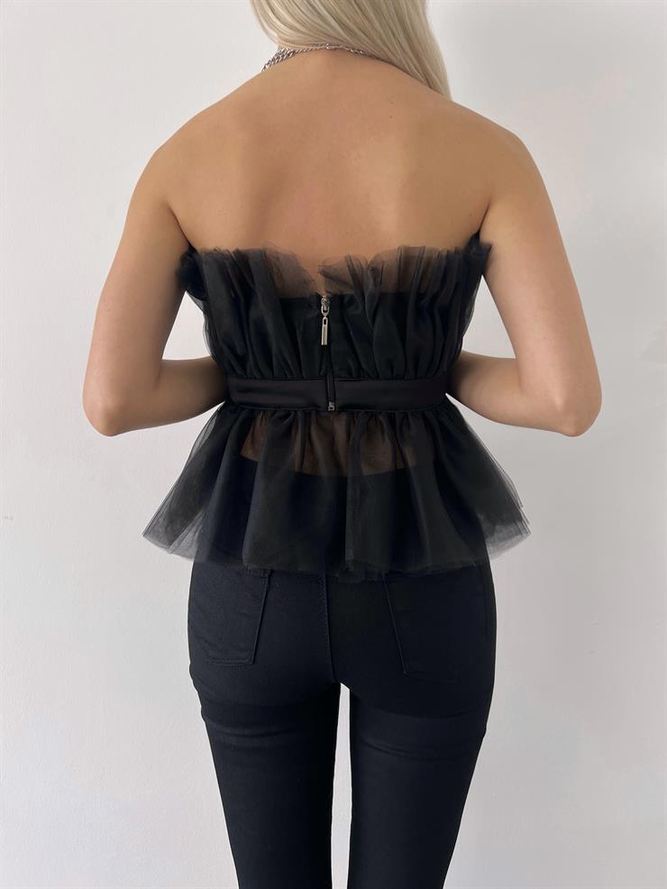 Straplez Belden Oturtmalı Ameba Kadın Siyah Tül Detaylı Bluz 23Y000401