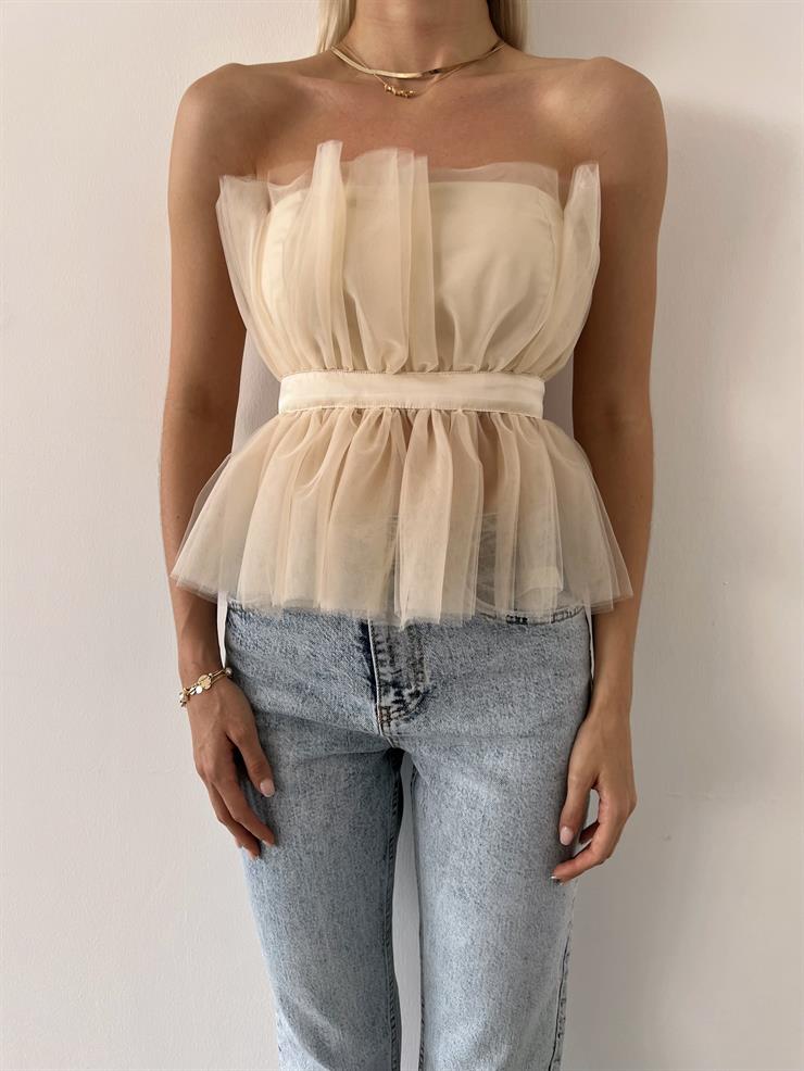 Straplez Belden Oturtmalı Ameba Kadın Nude Tül Detaylı Bluz 23Y000401