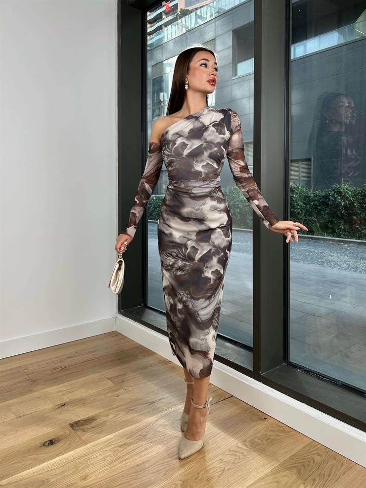 Tek Omuz Drape Detaylı Desenli Amedea Kadın Renkli Elbise 24k250