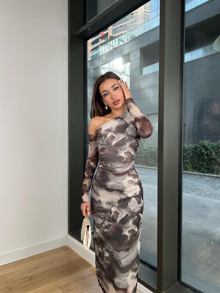 Tek Omuz Drape Detaylı Desenli Amedea Kadın Renkli Elbise 24k250