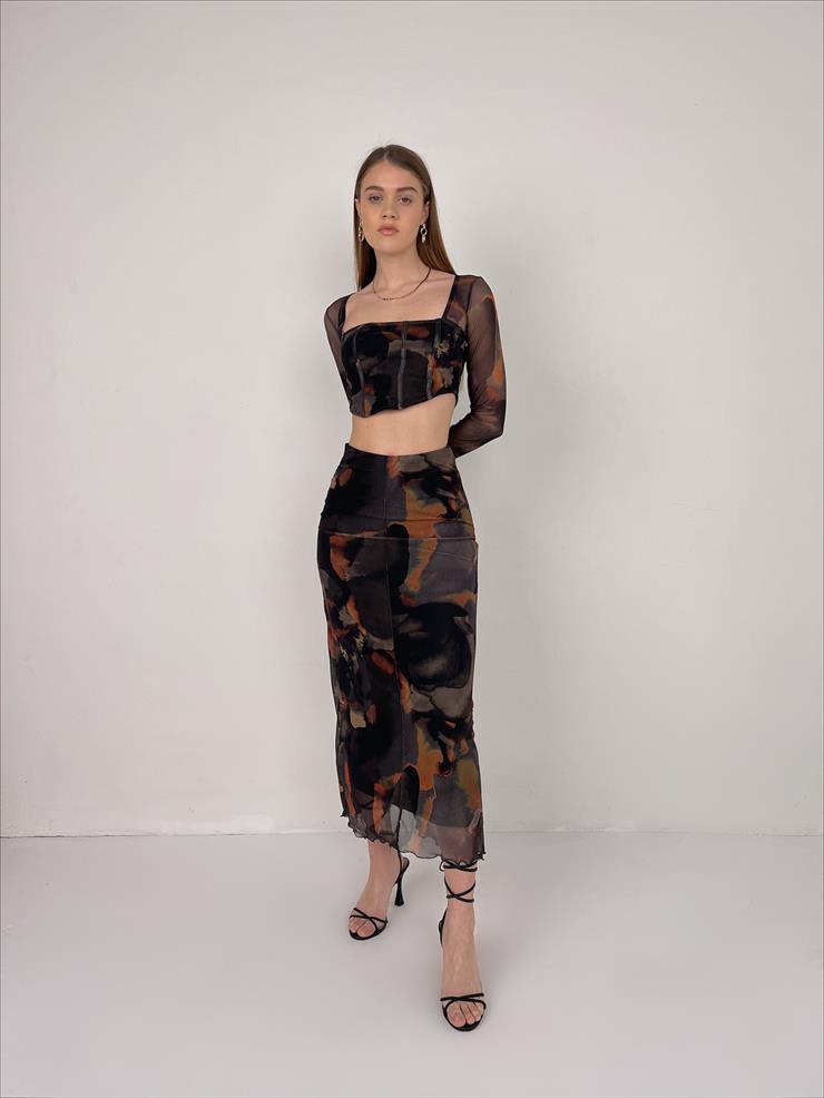 Önü Dikiş Detaylı Amelia Kadın Renkli Desenli Etek 23Y000118