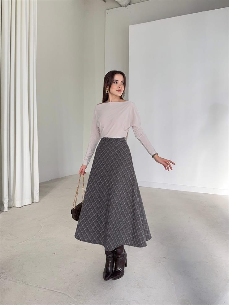 Desenli Yüksek Bel Midi Boy Amelia Gri Kadın Etek 26K365