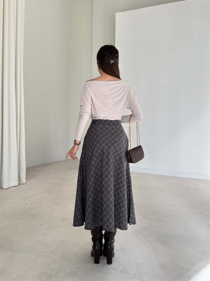 Desenli Yüksek Bel Midi Boy Amelia Gri Kadın Etek 26K365