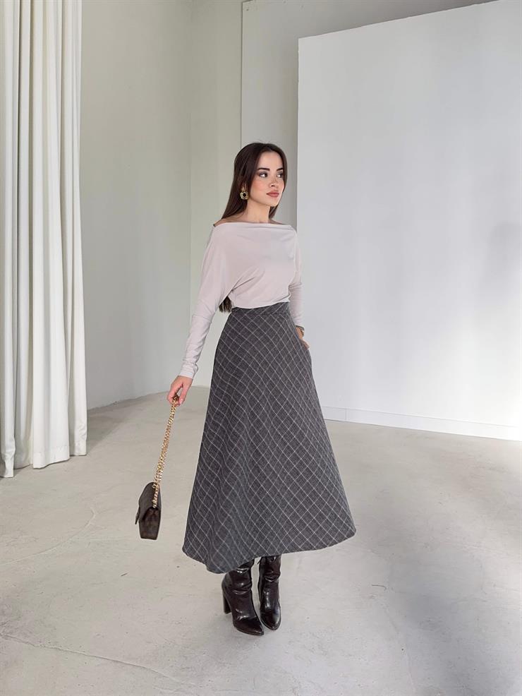 Desenli Yüksek Bel Midi Boy Amelia Gri Kadın Etek 26K365