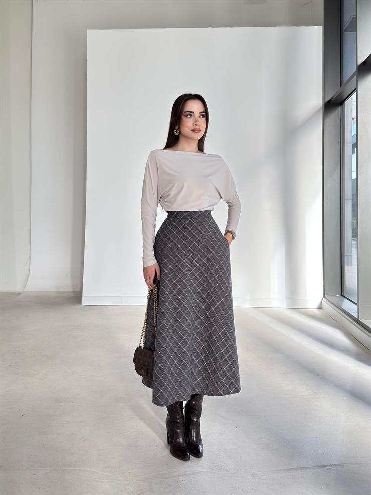 Desenli Yüksek Bel Midi Boy Amelia Gri Kadın Etek 26K365