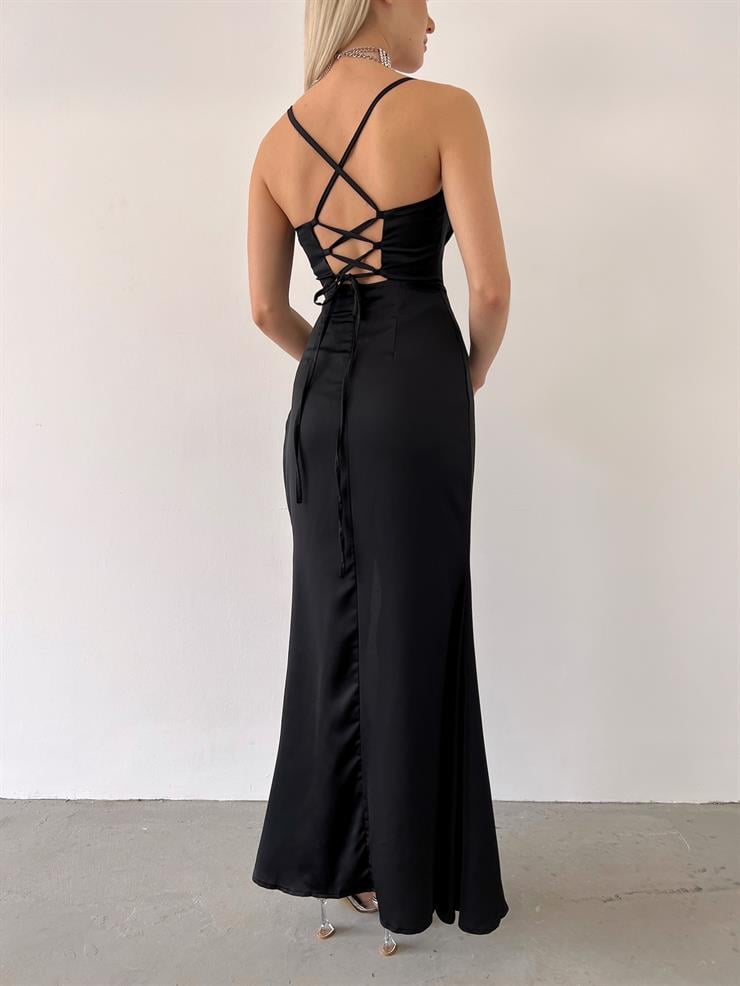 Askılı Korse Detaylı Sırtı Çapraz Bağlamalı Amor Kadın Siyah Elbise 23Y000344