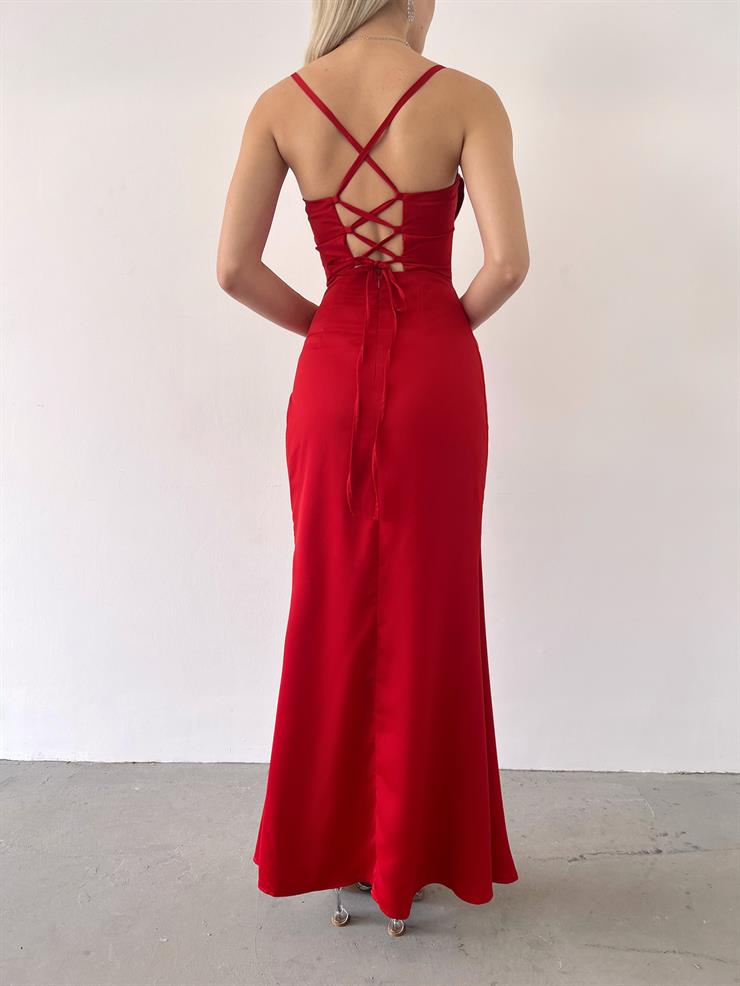Askılı Korse Detaylı Sırtı Çapraz Bağlamalı Amor Kadın Kırmızı Elbise 23Y000344