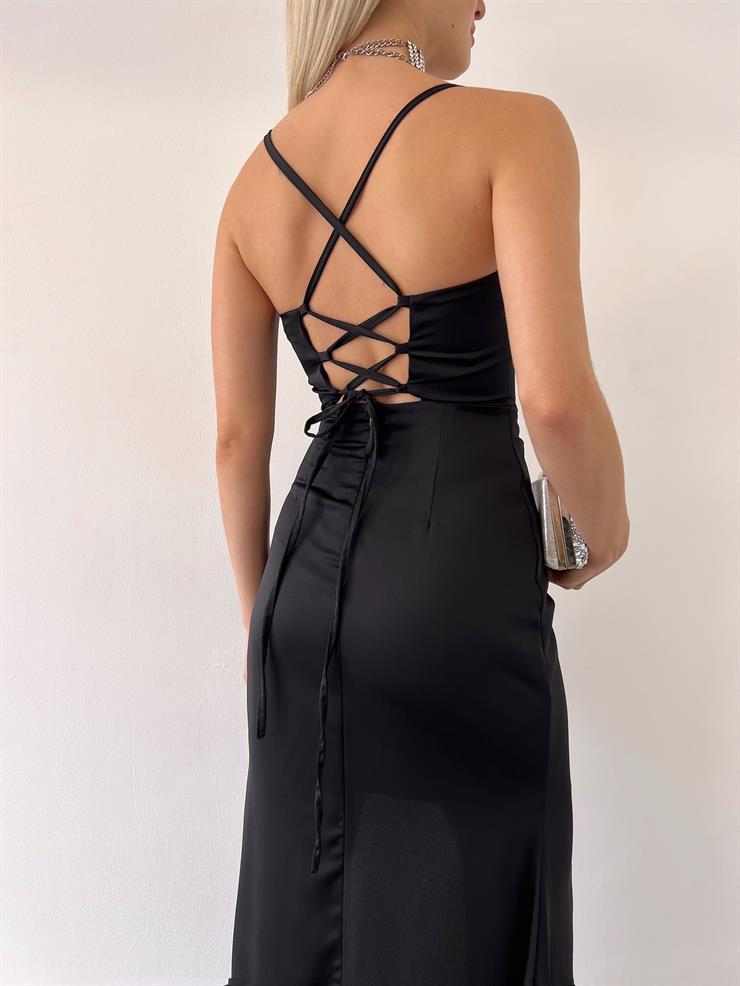 Askılı Korse Detaylı Sırtı Çapraz Bağlamalı Amor Kadın Siyah Elbise 23Y000344