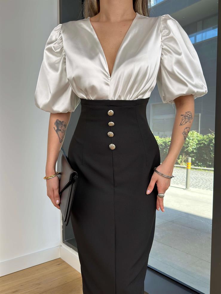 V Yaka Balon Kol Düğme Detaylı Amy Siyah Kadın Midi Elbise 25K501