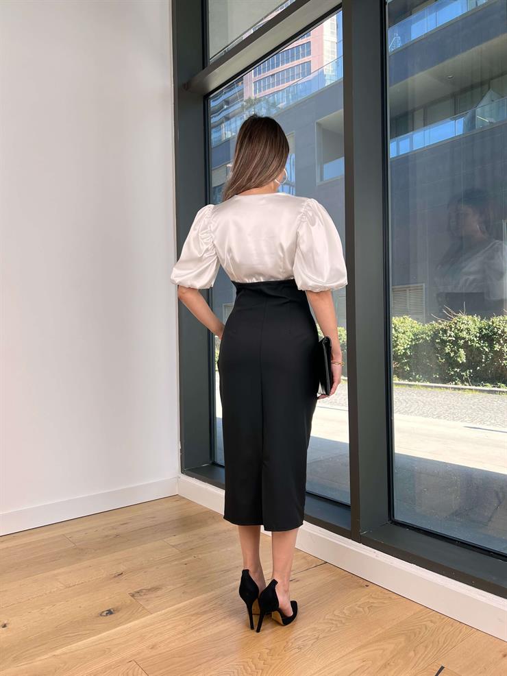 V Yaka Balon Kol Düğme Detaylı Amy Siyah Kadın Midi Elbise 25K501