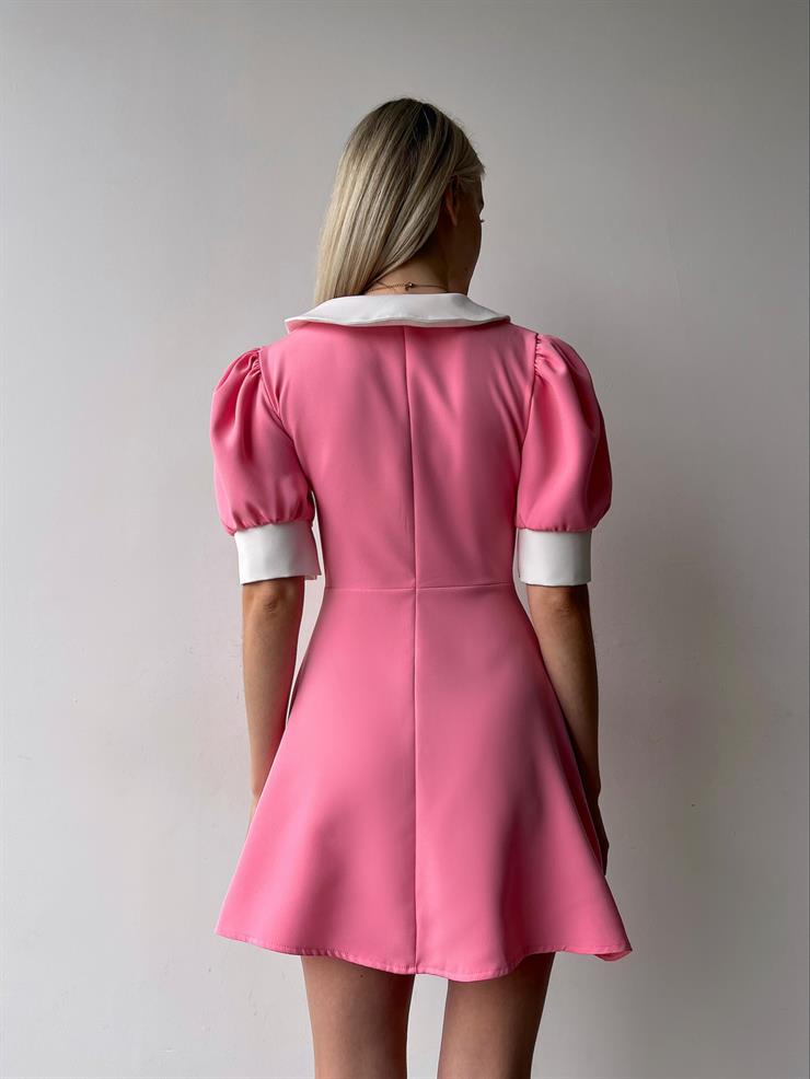 Gömlek Yaka Kısa Balon Kollu Taşlı Kalp Düğme Kapamalı Anais Kadın Pembe Mini Elbise 23Y000206