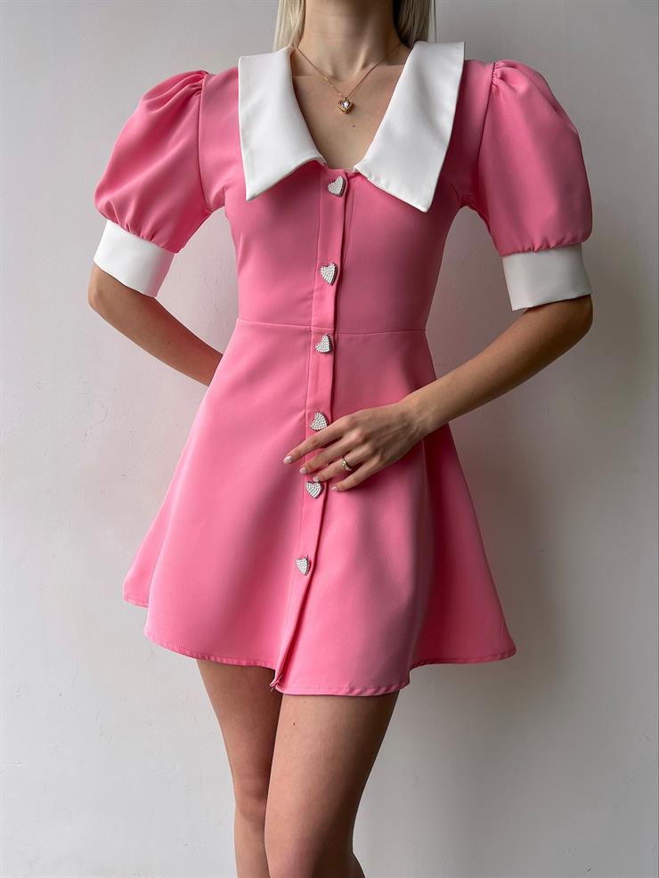 Gömlek Yaka Kısa Balon Kollu Taşlı Kalp Düğme Kapamalı Anais Kadın Pembe Mini Elbise 23Y000206