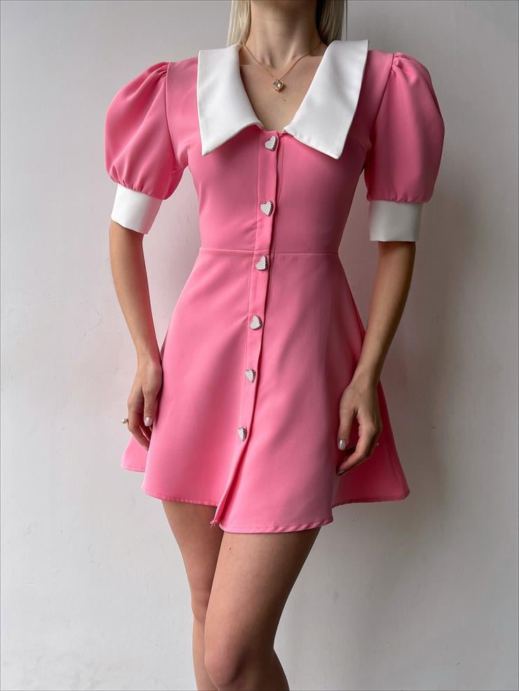 Gömlek Yaka Kısa Balon Kollu Taşlı Kalp Düğme Kapamalı Anais Kadın Pembe Mini Elbise 23Y000206