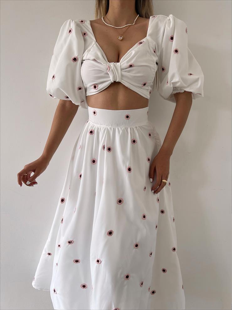 Balon Kol Arkası Gipeli Crop Belden Oturtmalı Etek Anaisi Kadın Pembe Takım 23Y000232