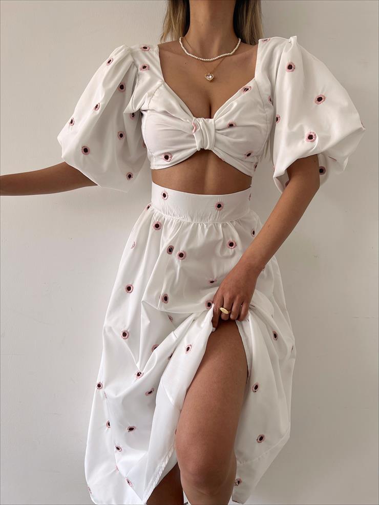 Balon Kol Arkası Gipeli Crop Belden Oturtmalı Etek Anaisi Kadın Pembe Takım 23Y000232