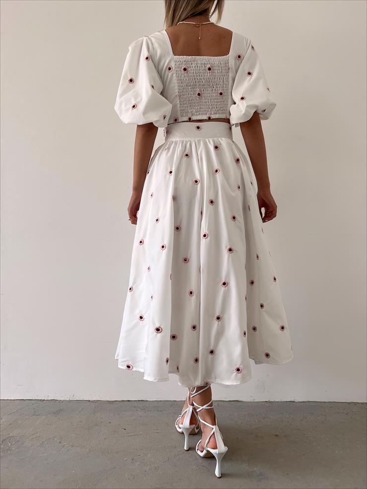 Balon Kol Arkası Gipeli Crop Belden Oturtmalı Etek Anaisi Kadın Pembe Takım 23Y000232