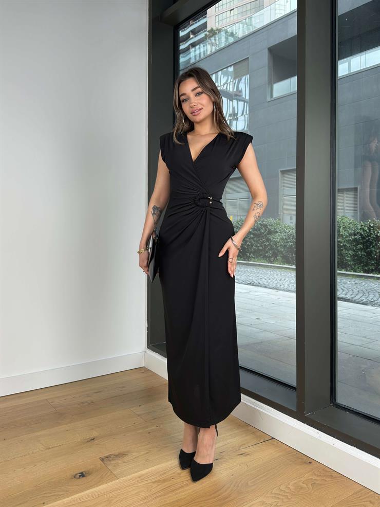 Kuvaze Yaka Kısa Kol Aksesuar Ve Drapeli Analyze Siyah Kadın Elbise 25Y070