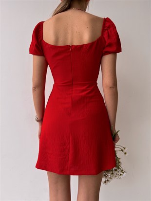 Mini Yakası Fırfırlı Bağcıklı Anastasia Kadın Kırmızı Elbise 22K000622