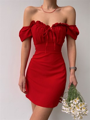 Mini Yakası Fırfırlı Bağcıklı Anastasia Kadın Kırmızı Elbise 22K000622