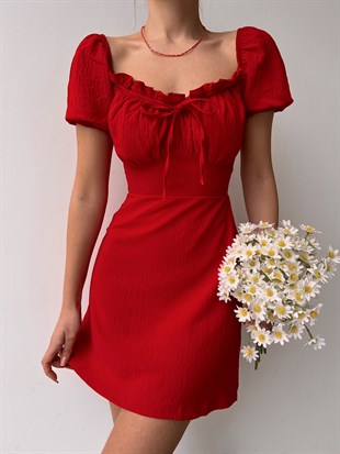 Mini Yakası Fırfırlı Bağcıklı Anastasia Kadın Kırmızı Elbise 22K000622