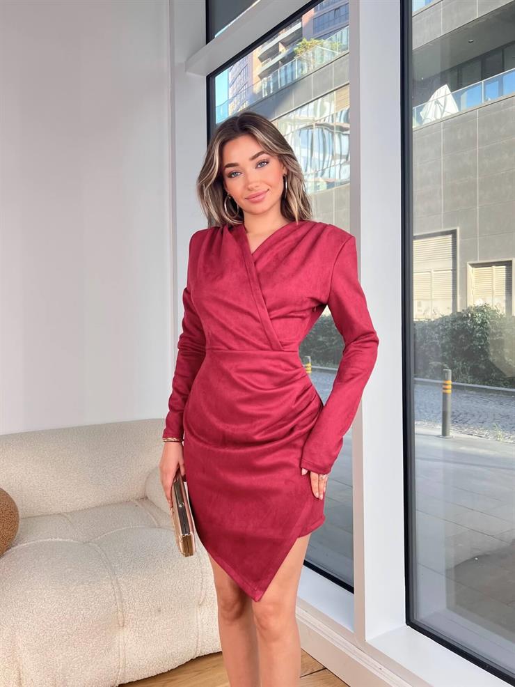 Kruvaze Yaka Drapeli Anaya Bordo Kadın Mini Süet Elbise 25K437