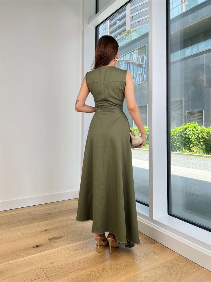 Kolsuz Önü Fermuar Detaylı Beli Kemerli Eteği Asimetrik Kesim Anders Kadın Haki Elbise 24Y522