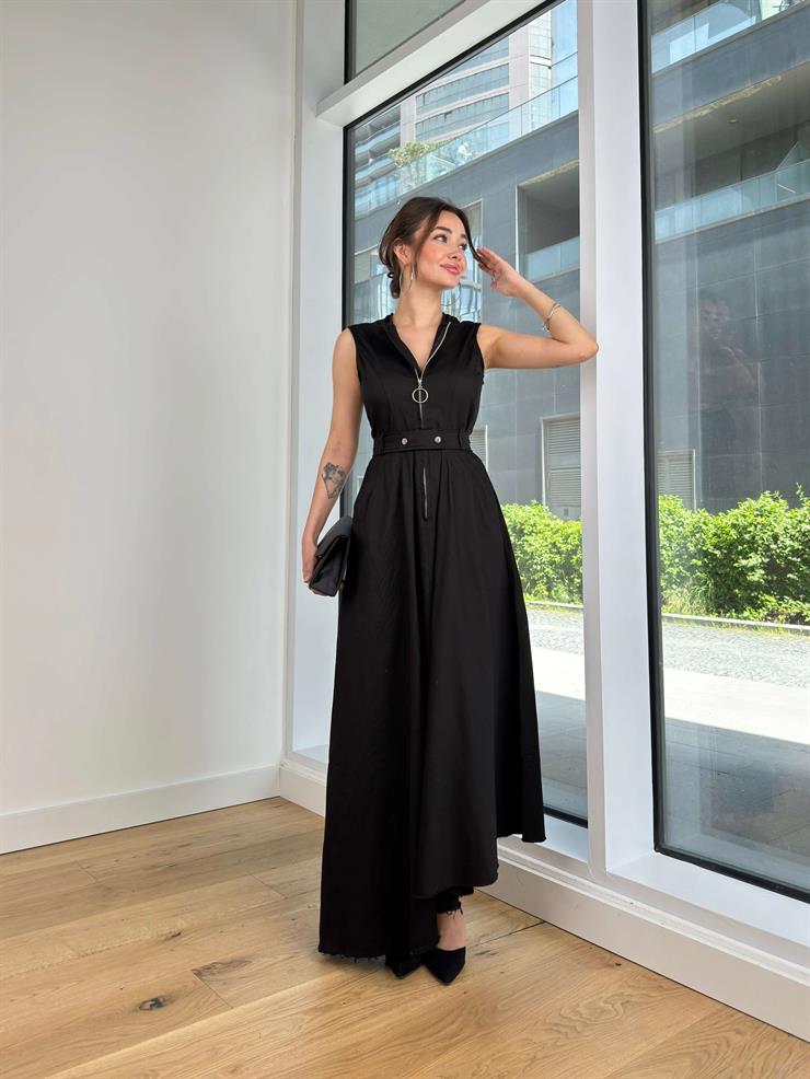 Kolsuz Önü Fermuar Detaylı Beli Kemerli Eteği Asimetrik Kesim Anders Kadın Siyah Elbise 24Y522