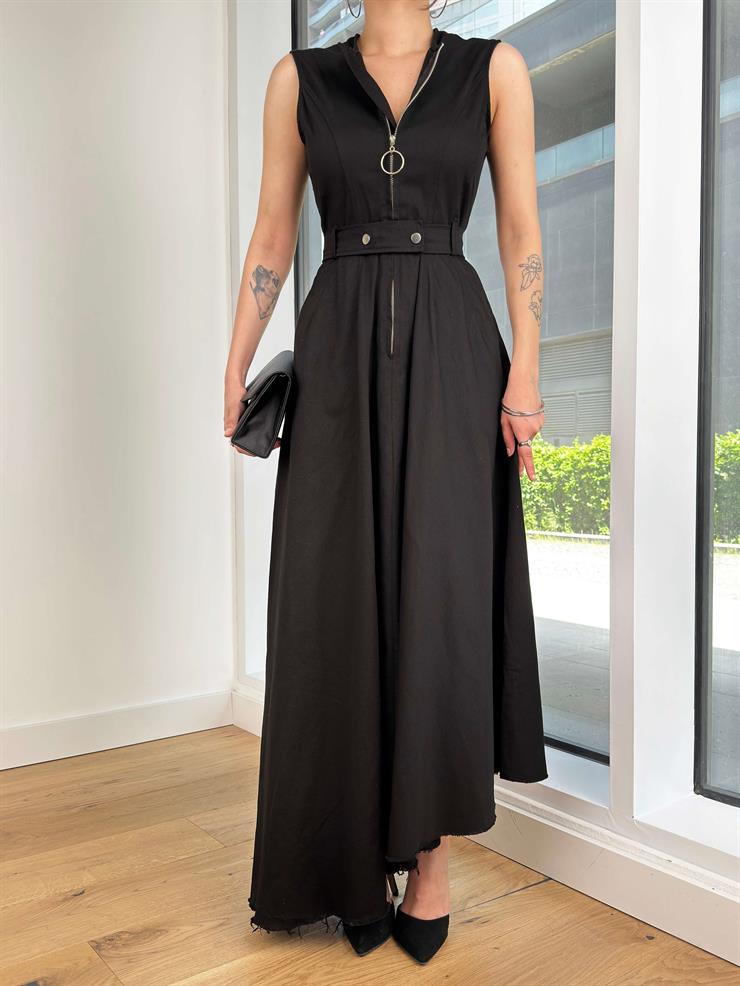 Kolsuz Önü Fermuar Detaylı Beli Kemerli Eteği Asimetrik Kesim Anders Kadın Siyah Elbise 24Y522