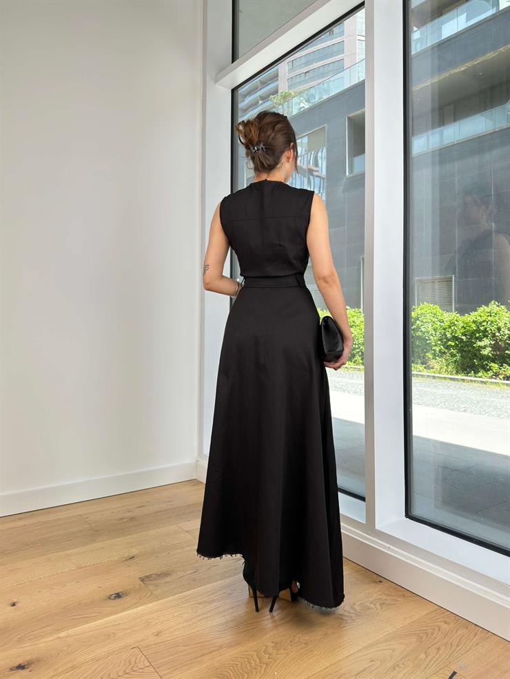 Kolsuz Önü Fermuar Detaylı Beli Kemerli Eteği Asimetrik Kesim Anders Kadın Siyah Elbise 24Y522