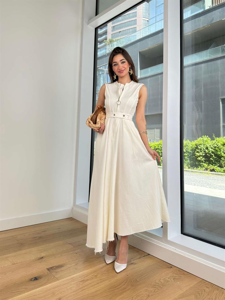 Kolsuz Önü Fermuar Detaylı Beli Kemerli Eteği Asimetrik Kesim Anders Kadın Ekru Elbise 24Y522