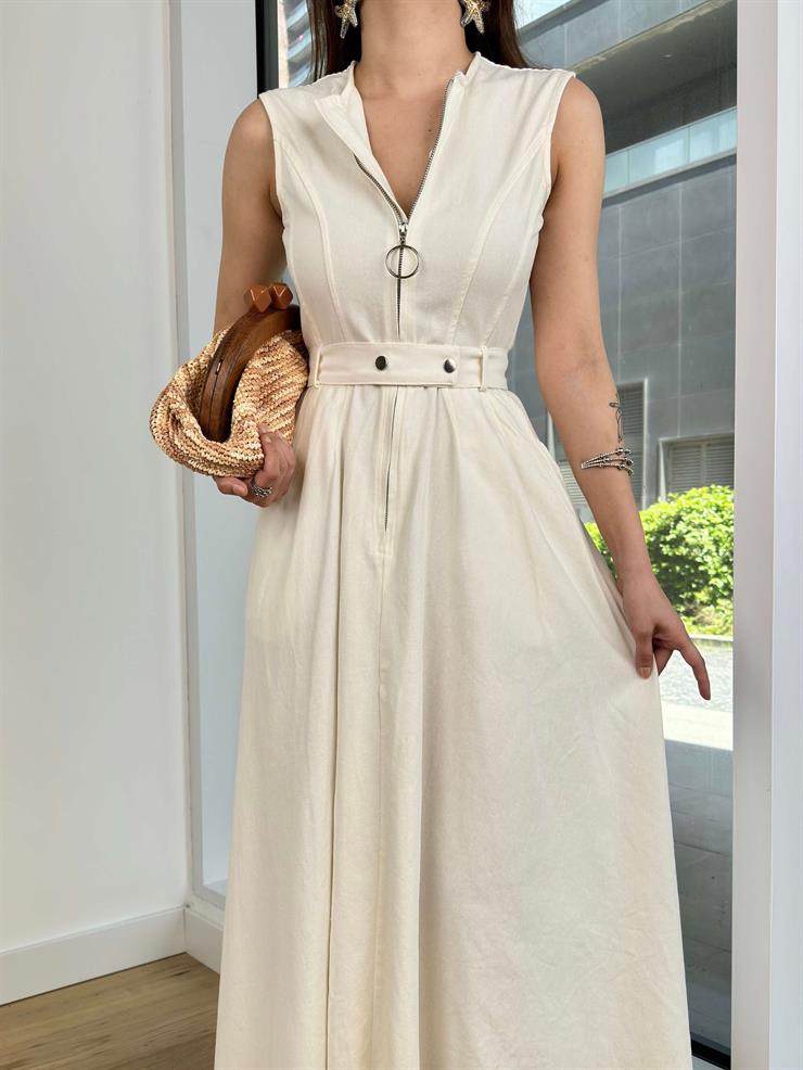 Kolsuz Önü Fermuar Detaylı Beli Kemerli Eteği Asimetrik Kesim Anders Kadın Ekru Elbise 24Y522