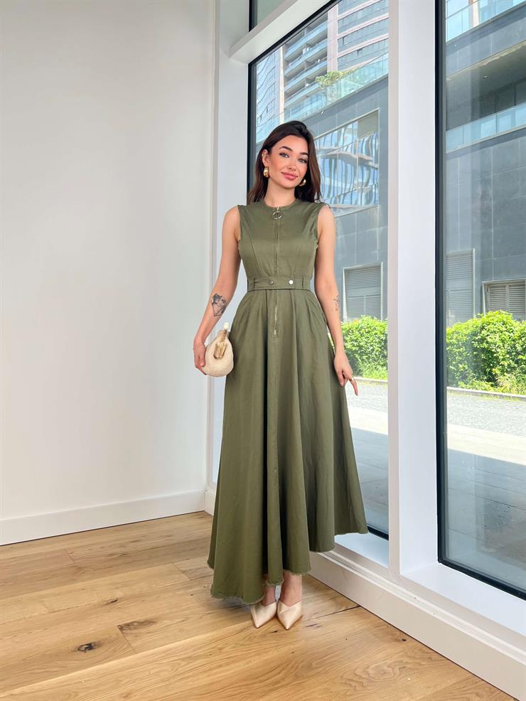 Kolsuz Önü Fermuar Detaylı Beli Kemerli Eteği Asimetrik Kesim Anders Kadın Haki Elbise 24Y522