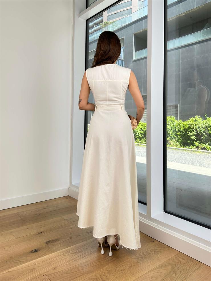 Kolsuz Önü Fermuar Detaylı Beli Kemerli Eteği Asimetrik Kesim Anders Kadın Ekru Elbise 24Y522