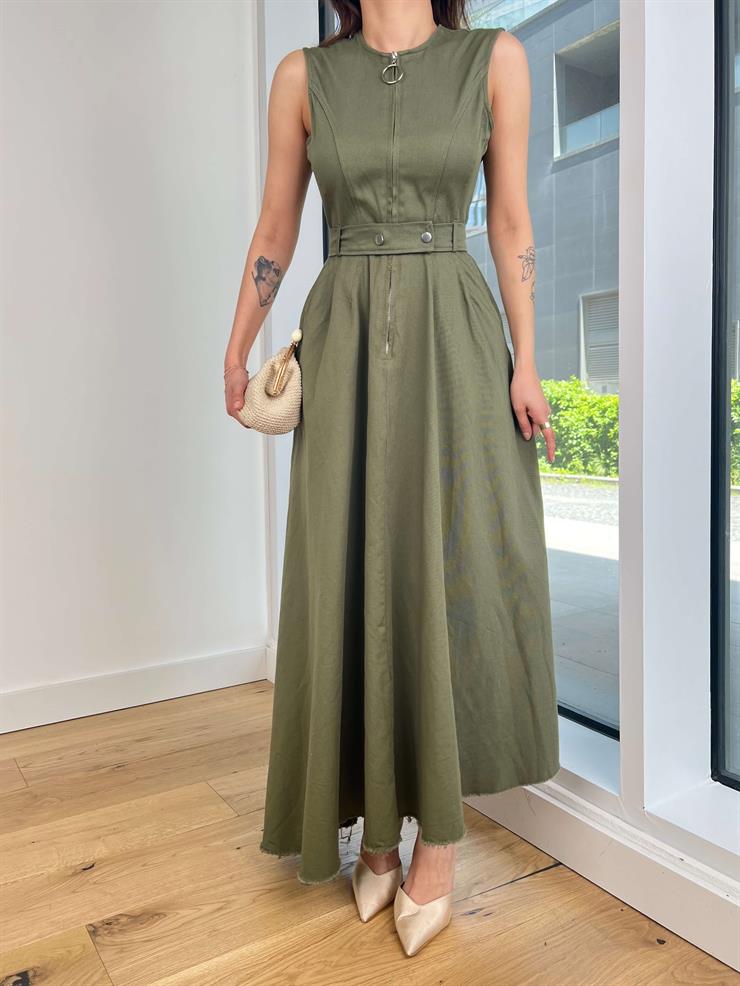 Kolsuz Önü Fermuar Detaylı Beli Kemerli Eteği Asimetrik Kesim Anders Kadın Haki Elbise 24Y522