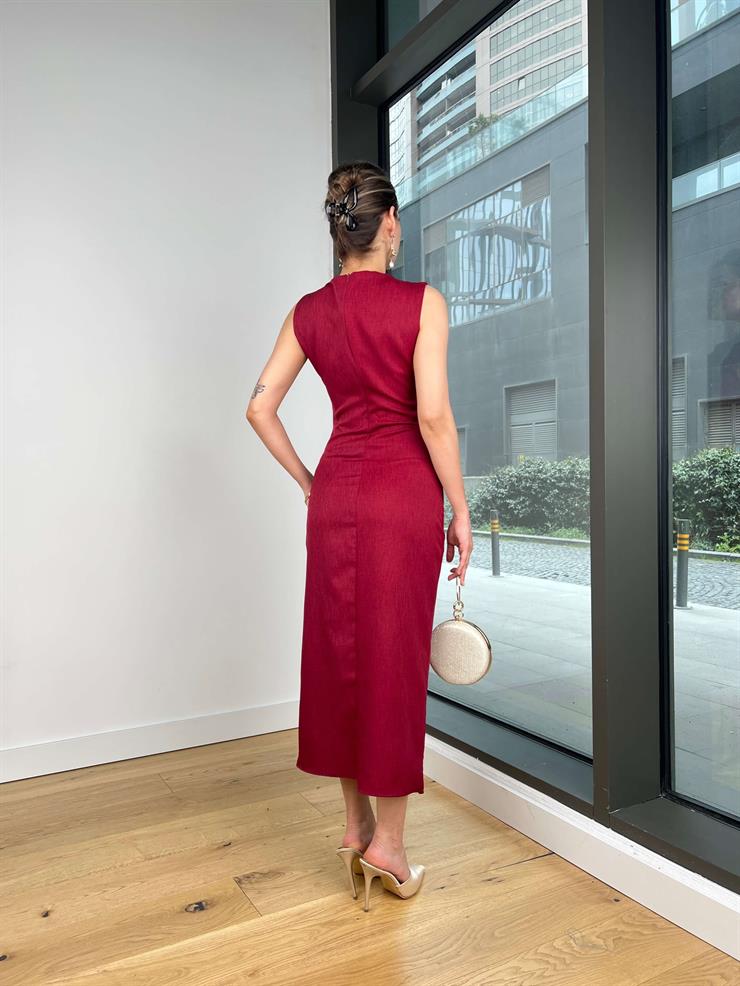 Kolsuz Belden Oturtmalı Anders Bordo Kadın Elbise 25Y222