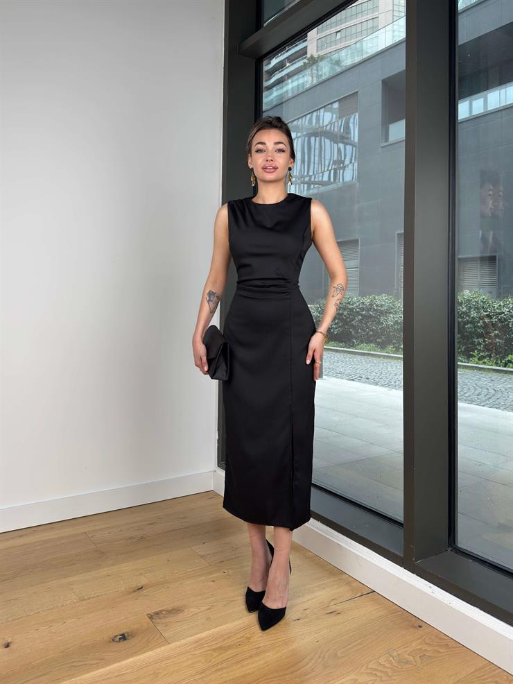 Kolsuz Belden Oturtmalı Anders Siyah Kadın Elbise 25Y222