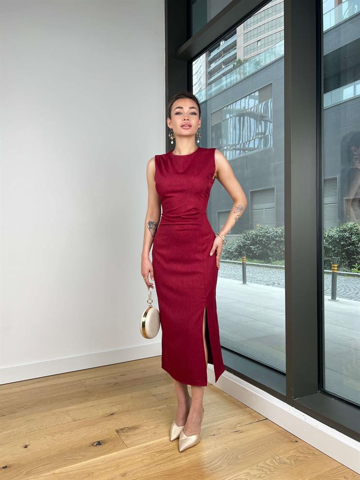 Kolsuz Belden Oturtmalı Anders Bordo Kadın Elbise 25Y222