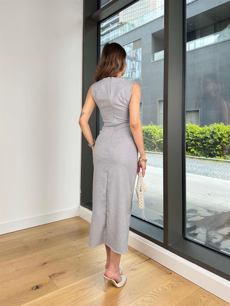 Kolsuz Belden Oturtmalı Anders Gri Kadın Elbise 25Y222