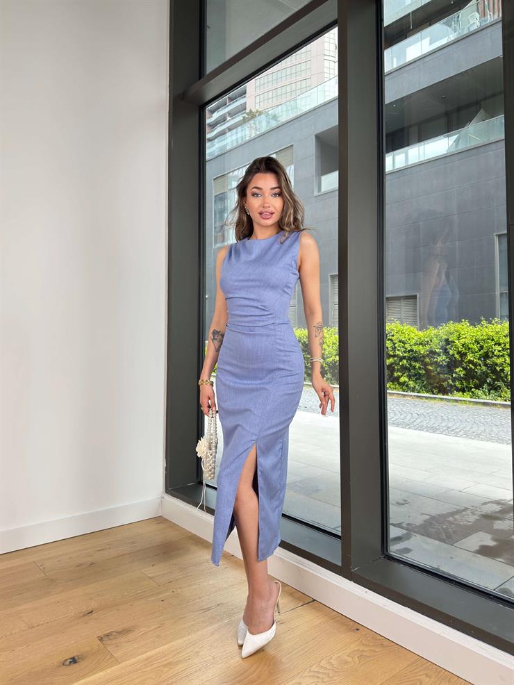 Kolsuz Belden Oturtmalı Anders Mavi Kadın Elbise 25Y222